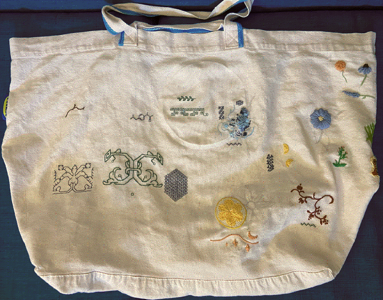 front of sampler bag, a beige ikea bag covered in many small embroidery designs