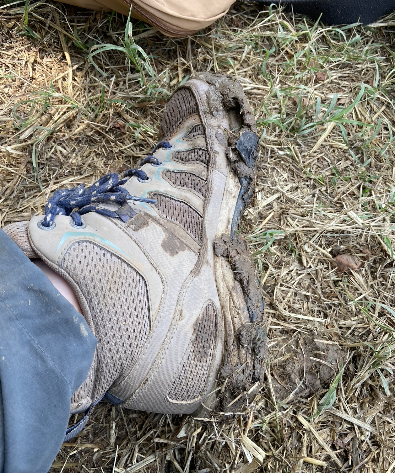 a muddy boot in the grass